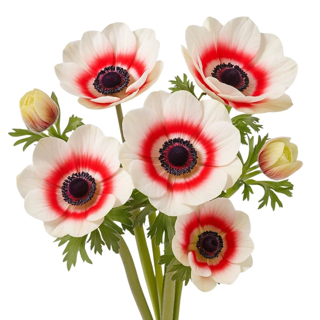 Fresh bicolor red anemones in wholesale packs, ideal for elegant bouquets, gift decor, and event floral design with vibrant red and white contrast.