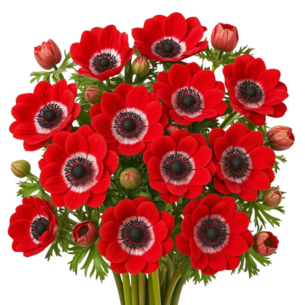 Full Star Red Anemones with deep crimson petals and dark centers, perfect for weddings, gifts, and luxury floral arrangements in bulk.
