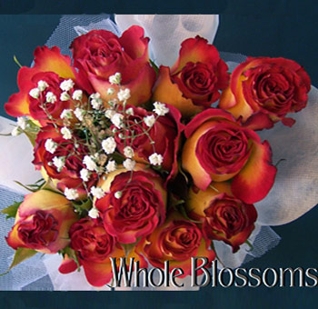 Stunning bi-color red and yellow rose centerpiece featuring roses with rich red outer petals blending into bright yellow centers. Accented with delicate white baby's breath and wrapped in sheer white fabric, this arrangement brings a beautiful contrast of colors, perfect for weddings or special occasions. The Whole Blossoms logo is displayed at the bottom of the image.