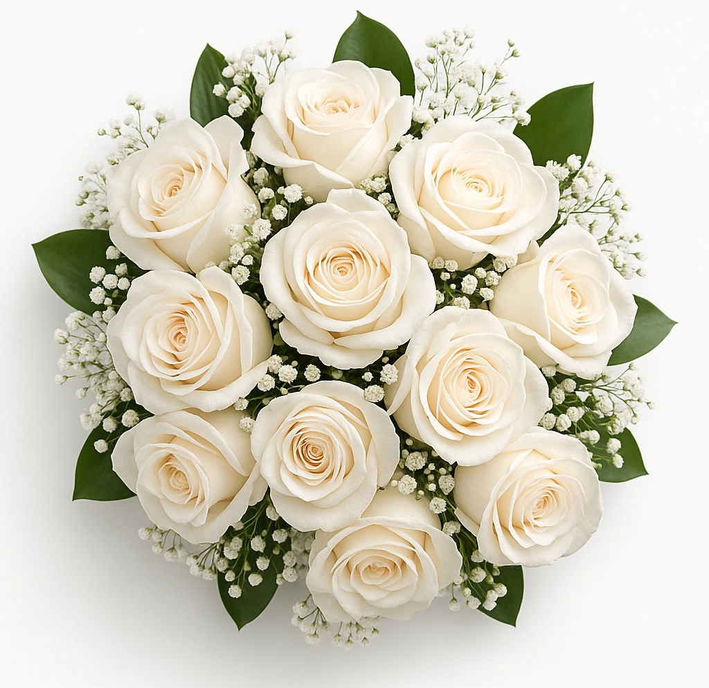 White rose centerpiece accented with delicate baby's breath, wrapped in soft blue fabric. Perfect for weddings or elegant events.
