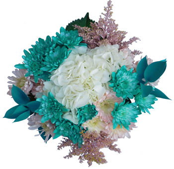 Floral arrangement featuring white hydrangeas, teal chrysanthemums, and soft pink astilbe, accented with deep green leaves, creating a striking and colorful bouquet perfect for elegant décor or special occasions.
