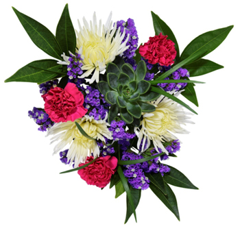 Floral arrangement featuring ivory spider mums, bright pink carnations, purple statice flowers, and a central green succulent, accented with lush green leaves, creating a vibrant and textured bouquet perfect for any occasion.