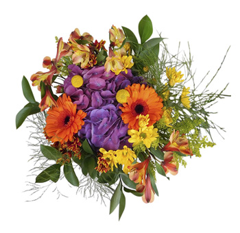 Fresh cut fall centerpieces in bulk with vibrant orange Gerber daisies, yellow daisy pots, alstroemeria, and lush greens.