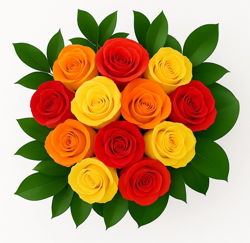 Vibrant wholesale rose bouquet with red, yellow, and orange roses for fall weddings, events, retail resale, or festive floral gifts.