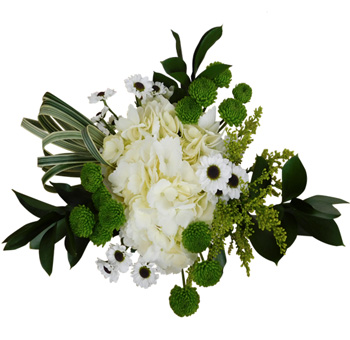 A lush White Hydrangea Wedding Centerpiece with greenery and accent flowers, perfect for elegant event décor.