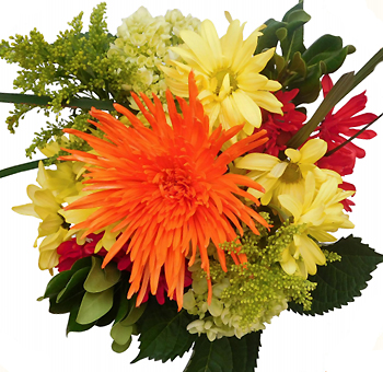 Fall wedding centerpieces with orange spider mums, green hydrangeas, sunflowers, statice, solidago, and more.