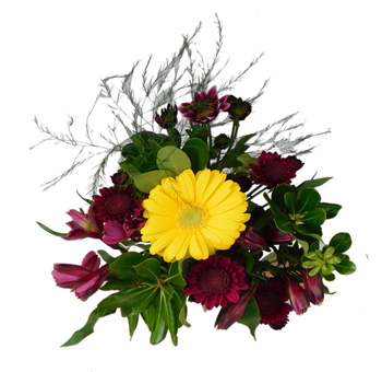 Elegant fall centerpieces featuring rich burgundy and vibrant yellows, perfect for a warm autumnal event atmosphere.