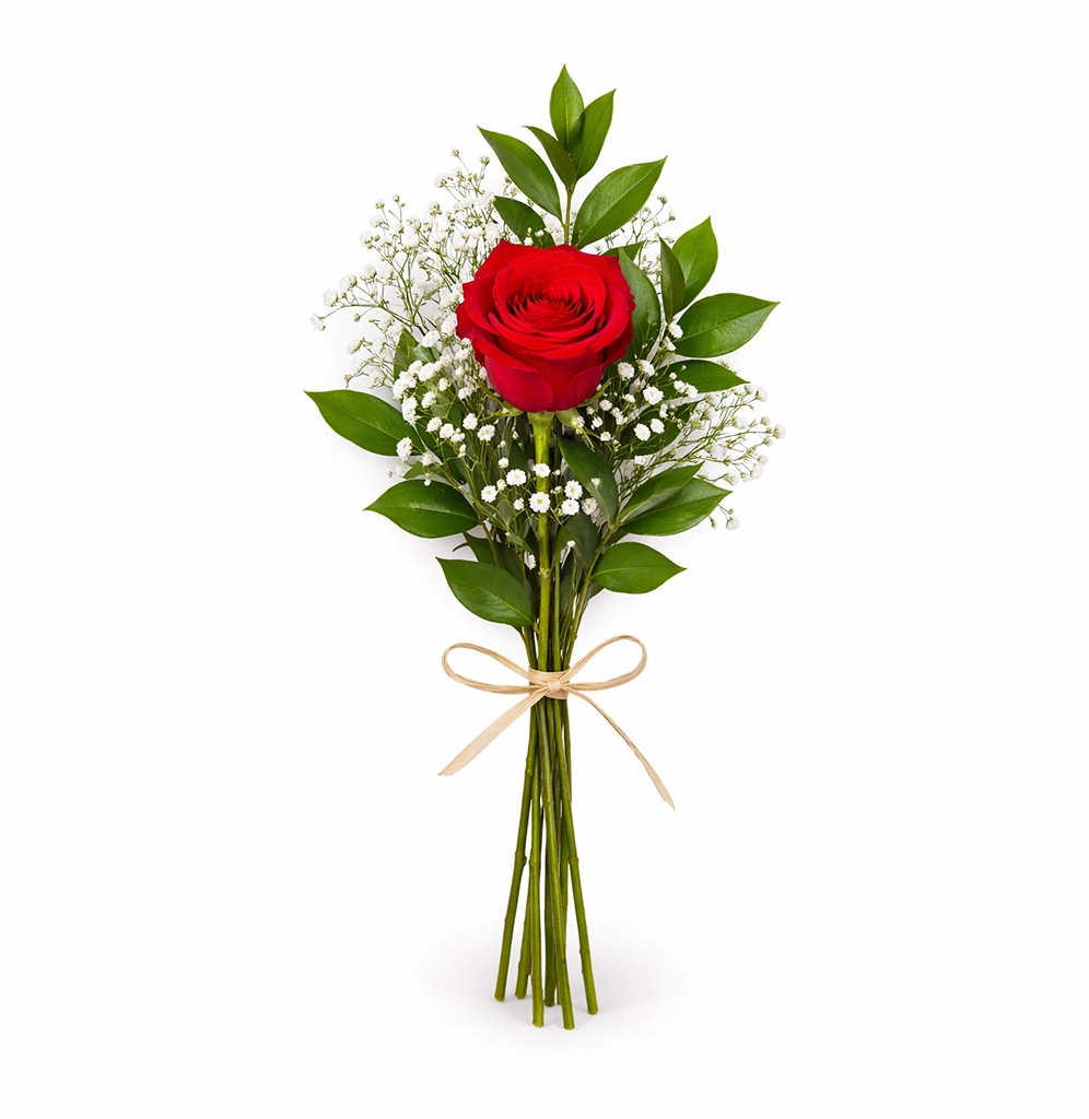 Single red rose bouquet with ruscus and baby’s breath for weddings, gifts, and elegant event floral arrangements