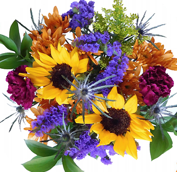 Fall centerpieces with sunflowers, statice, solidago, cushion poms, carnations, ruscus, eryngium.