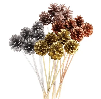 Rustic charming Christmas pine cone flower picks in silver, copper, gold and bronze shades.