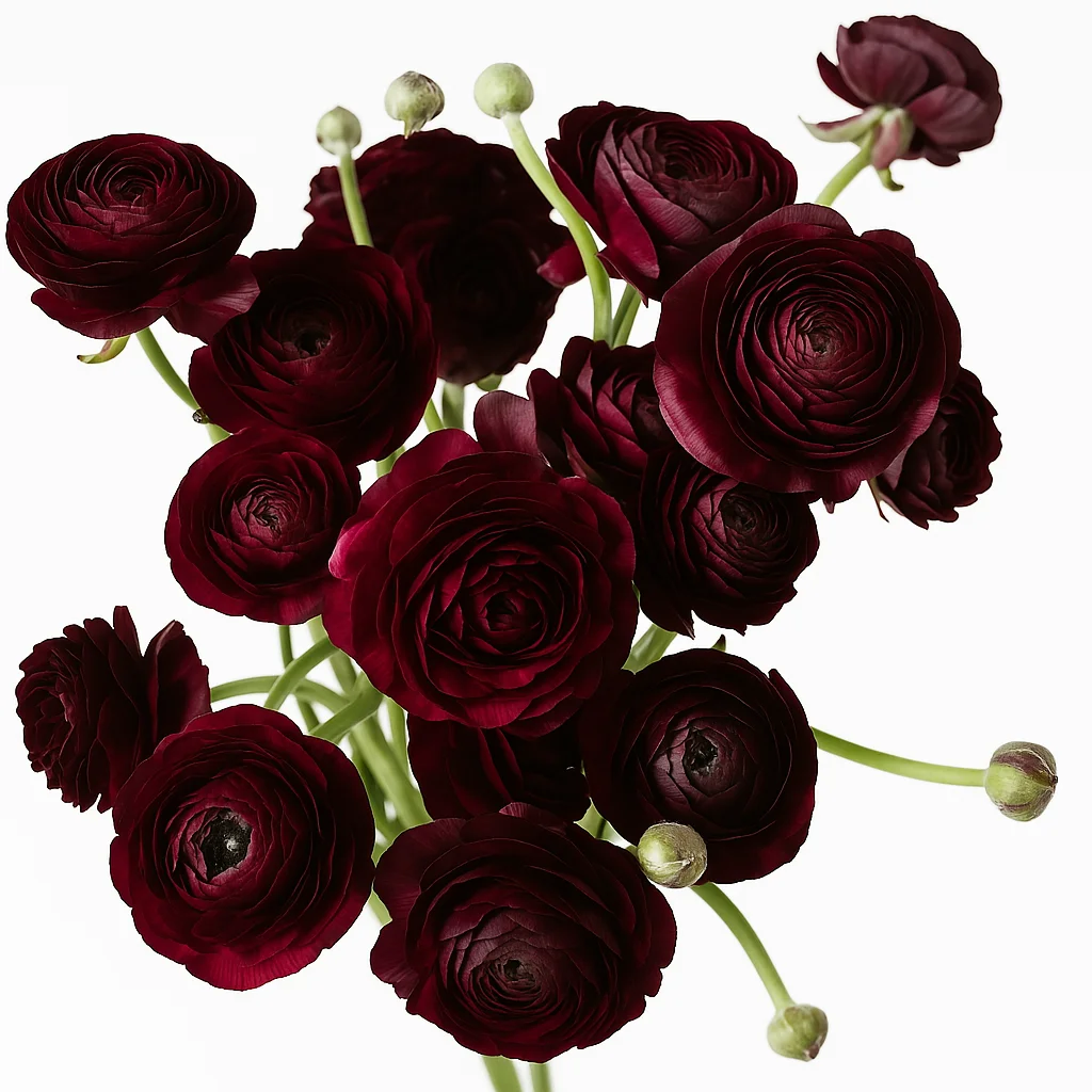 Bulk Burgundy Ranunculus featuring wine-colored layered petals, ideal for florists and wedding floral designs.