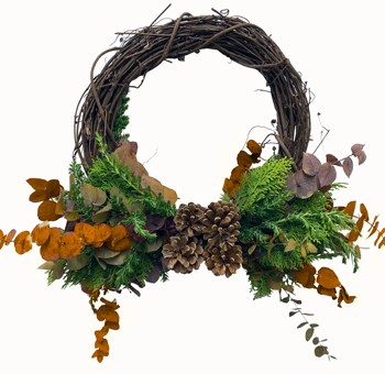 Autumn on the Vine Fall Wreath featuring a natural grapevine base, cedar greenery, eucalyptus leaves, and rustic pinecones. Perfect for seasonal décor.