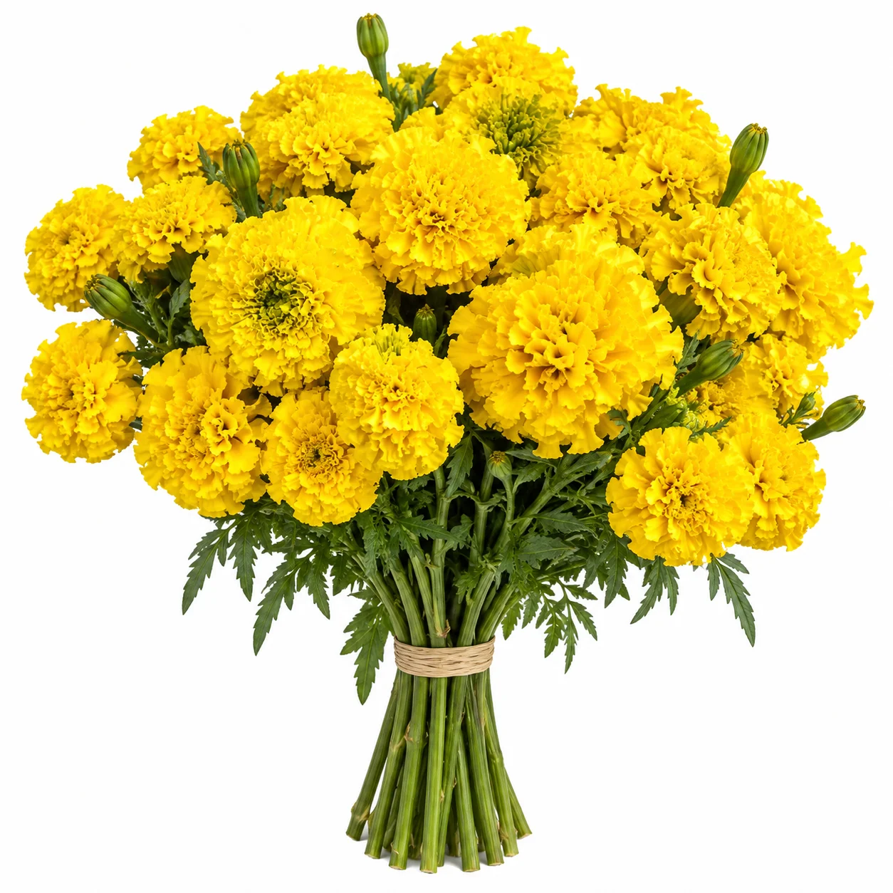 Bright yellow Mexican marigold flower bunch, fresh cut and arranged for weddings and floral decorations