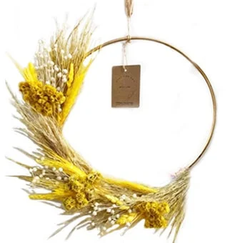 Yellow Golden Semi Dried Wreath, an emblem of joy and positivity, radiating the bright, sunny spirit of happiness.