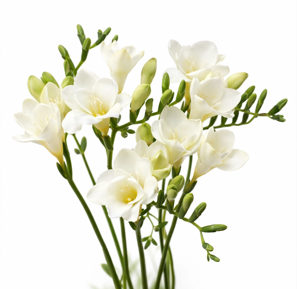 Fresh white freesia flowers in bulk at wholesale prices for wedding and event floral arrangements.