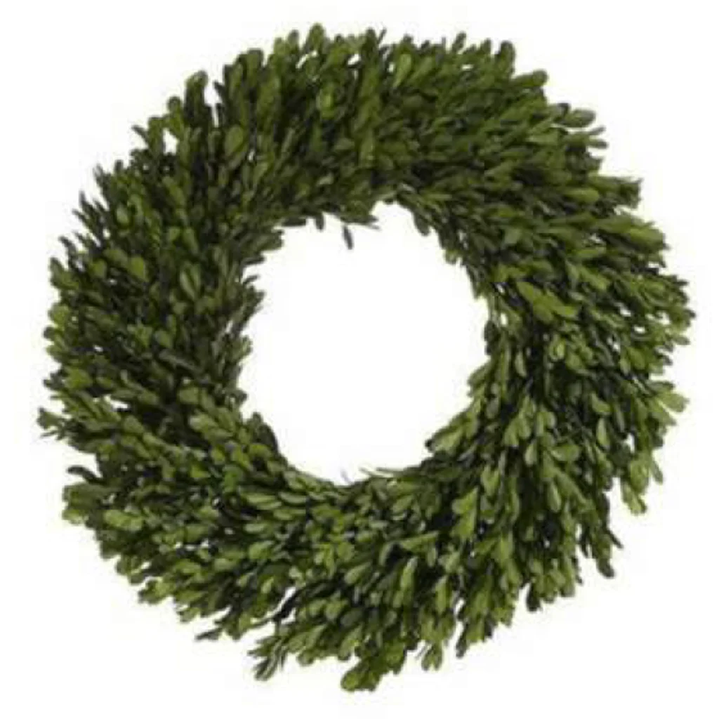 Fresh handcrafted round Boxwood Wreath featuring dense, vibrant green foliage for versatile décor. Ideal for weddings, holidays, or home use.