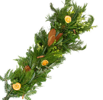 Fresh Christmas Garland Orange Spice 5 inches wide with dried orange slices cinnamon sticks and mixed greens WholeBlossoms
