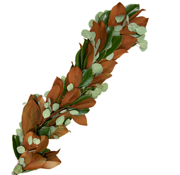 Fresh Tis the Season holiday garland 5 inches wide with copper magnolia leaves and silver dollar eucalyptus WholeBlossoms