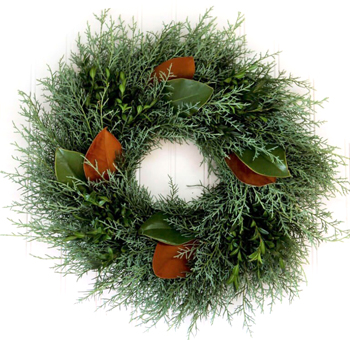 Enhance your holiday décor with the Holly Jolly Wreath. Features cedar and magnolia leaves for a festive, aromatic, and elegant seasonal accent.