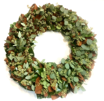Full view of the Seeded Magnolia Wreath showcasing its lush combination of eucalyptus leaves, magnolia leaves, and seeds. Perfect for rustic and modern décor.