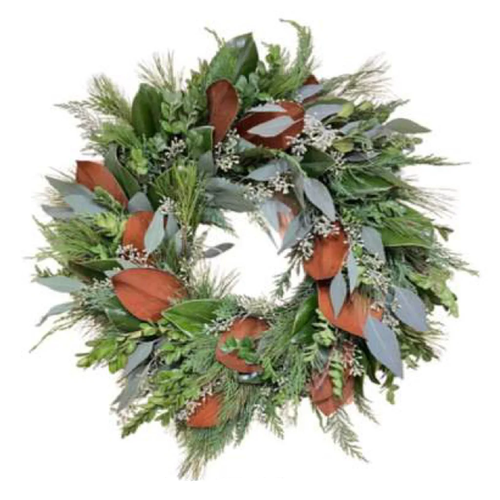 Merry and Bright Wreath made with fresh Pine, Boxwood, Magnolia, Seeded Eucalyptus, and Leyland Cypress greenery.