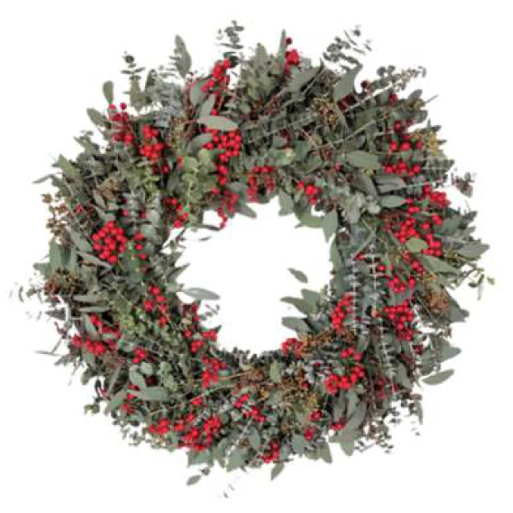 Mixed Eucalyptus with Berries Wreath featuring Baby Blue eucalyptus, Seeded eucalyptus, and bright red berries.