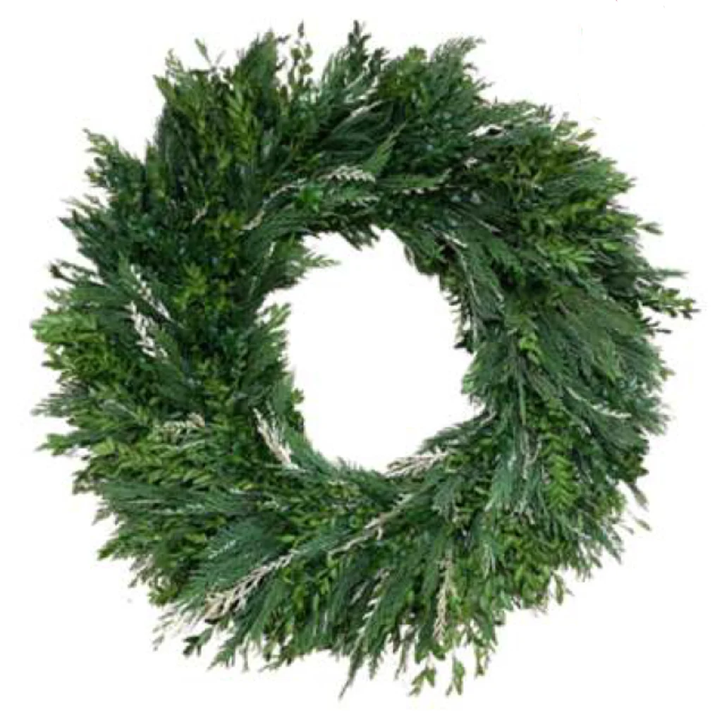 Snowed In Wreath with Variegated Leyland greenery and lush Boxwood for winter holiday décor.