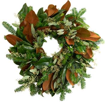 Classy Christmas Wreath with magnolia leaves, seeded eucalyptus, and noble fir branches. Perfect for timeless, elegant holiday décor.