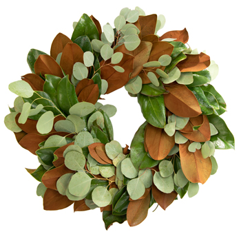 Tis the Season Wreath with fresh magnolia and eucalyptus leaves in vibrant green and copper tones. Perfect for holiday décor, both indoors and covered outdoors.
