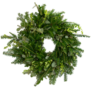 Very Merry Wreath with fresh fir, eucalyptus, and lush greenery. Perfect for festive indoor or covered outdoor holiday décor with a natural, refreshing aroma.