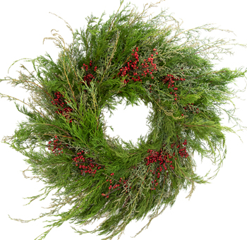 Winter Wonderland Wreath with cedar and pepperberry foliage. Festive holiday wreath with natural red and green tones for indoor or covered outdoor décor.