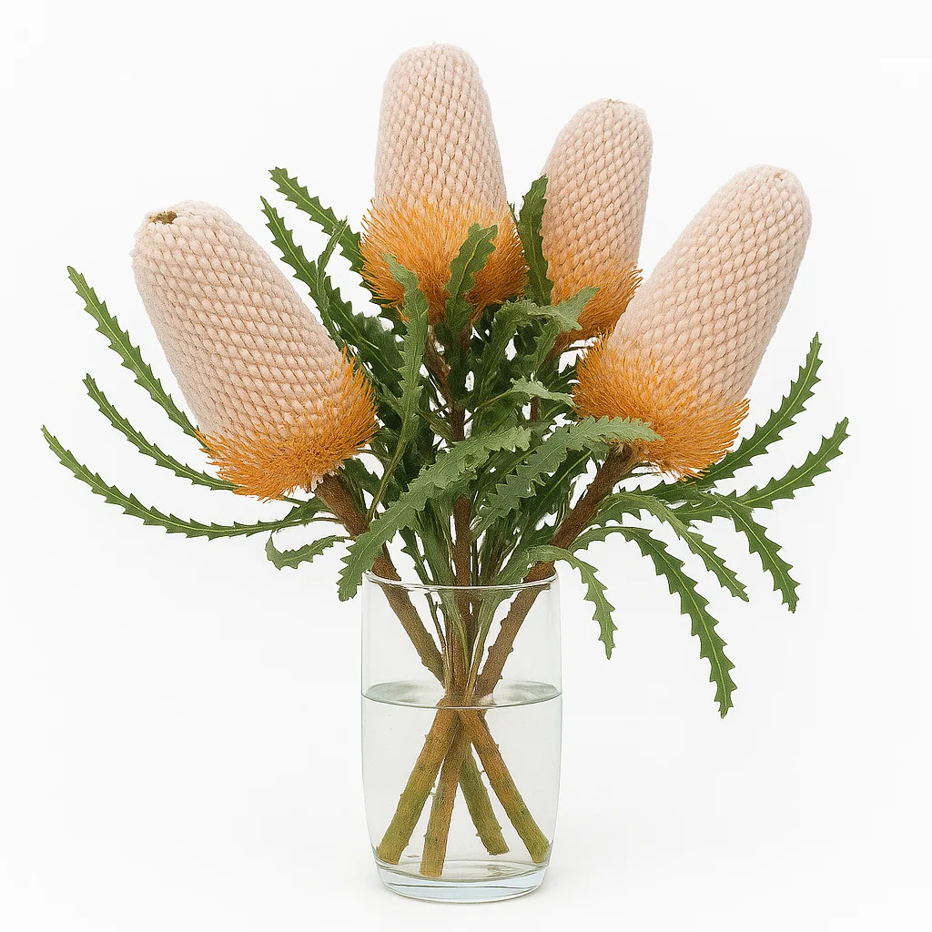 Floral arrangement of Banksia prionotes in a clear glass vase with water, isolated on a white square background.