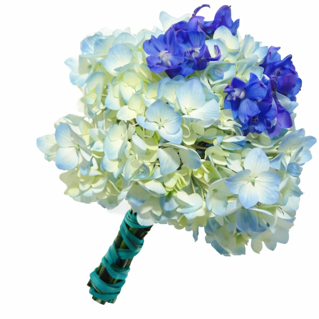 Blue hydrangea round bouquet with soft fullness, ideal for weddings, events, and premium styling.