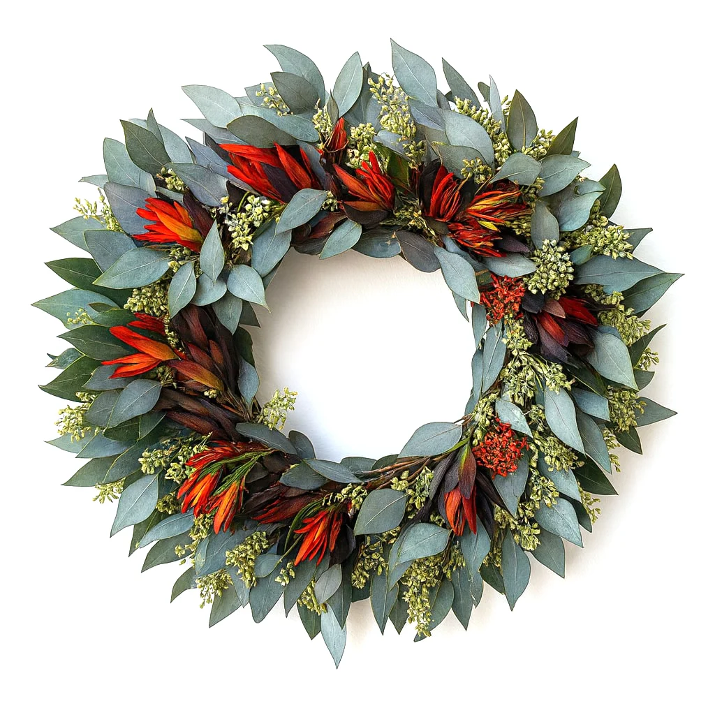 Seeded Safari Peppers Wreath with eucalyptus leaves, safari foliage, seeds, and vibrant dried peppers. Perfect for rustic or festive décor themes.
