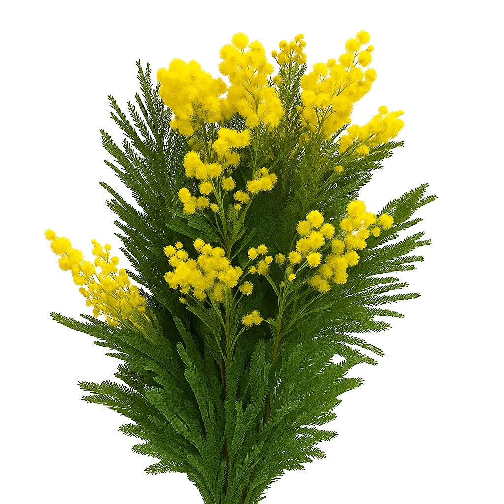 Lush bouquet of Acacia Mimosa greenery with bright fluffy yellow blossoms and delicate fern-like foliage, displayed on a white background.