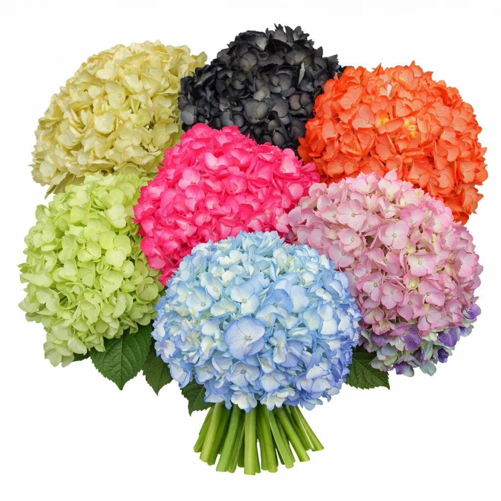 Airbrushed hydrangeas wholesale flowers for weddings, unique tinted bulk hydrangea blooms for centerpieces and arrangements.