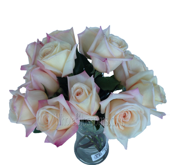 Vase of Anna Creamy Light Pink Roses – soft light pink blooms with darker pink tips, perfect for weddings and events, available in bulk from Whole Blossoms.