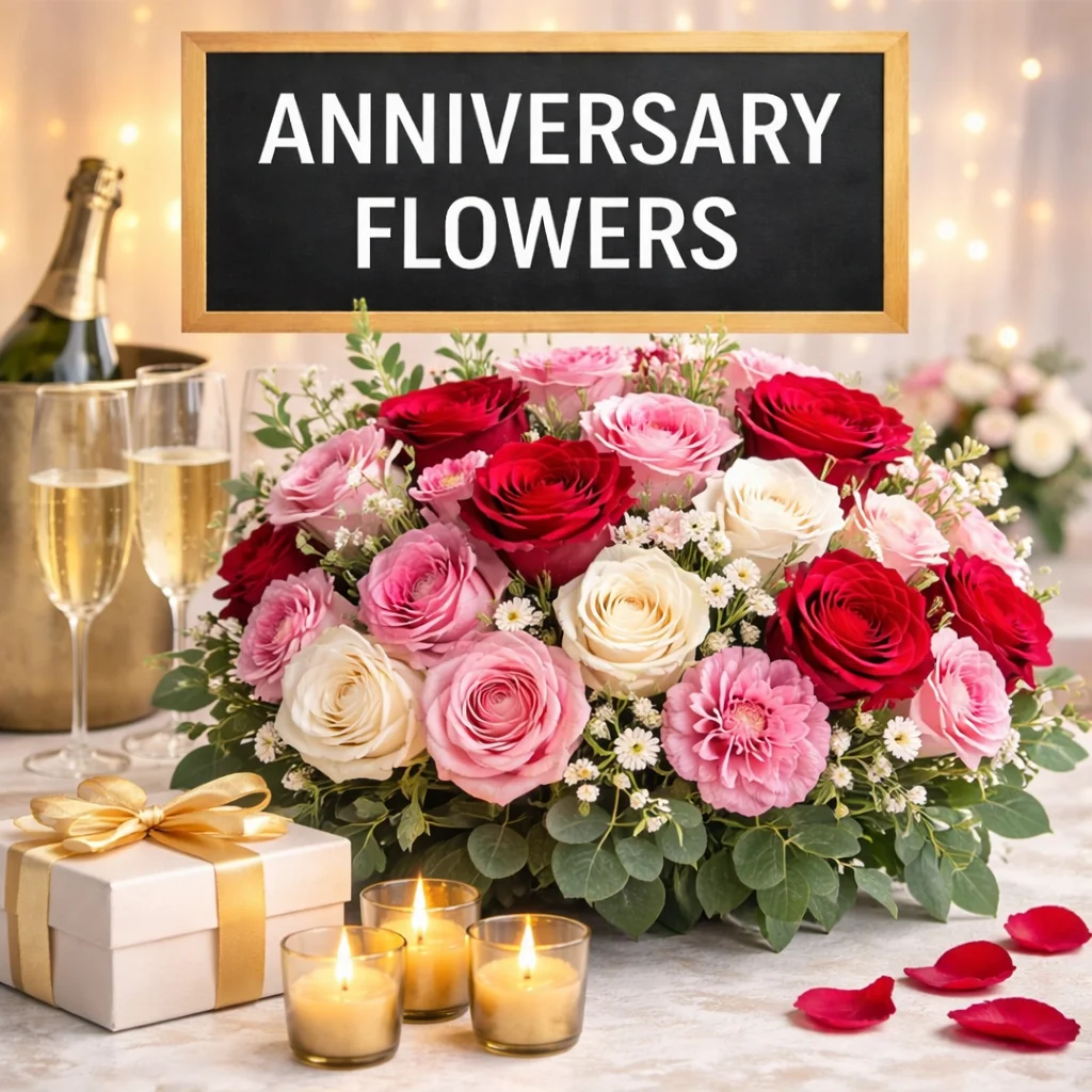 Anniversary flower arrangement with pink, ivory, and red blooms for romantic celebrations and elegant milestone gifting
