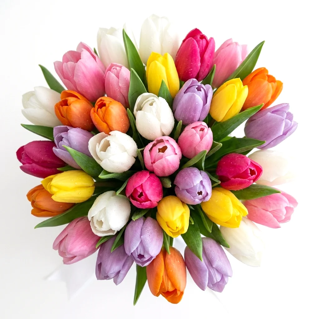 Top-view bouquet of colorful fresh-cut Dutch tulips in pink, yellow, white, orange, and purple.