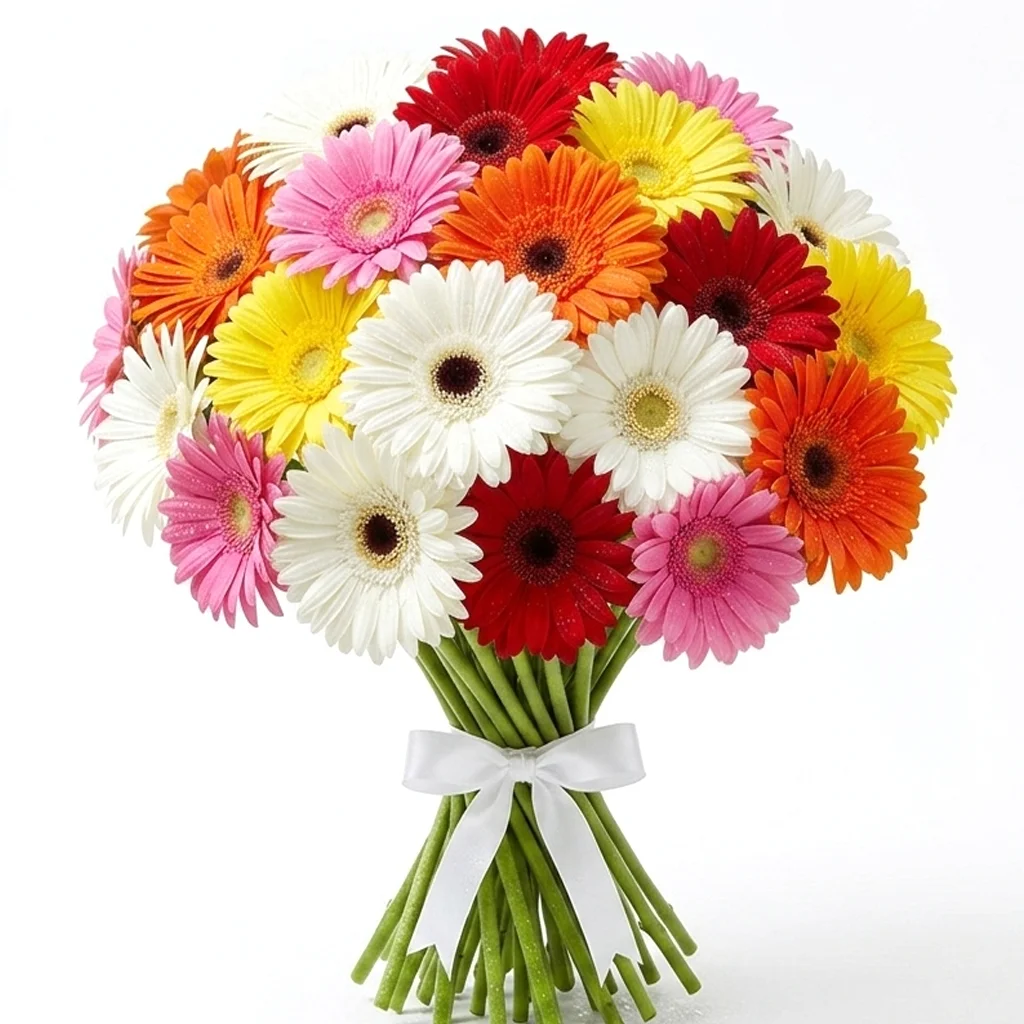 Standing hand-tied bouquet of fresh-cut gerbera daisies in white, red, pink, yellow, and orange with a white ribbon.