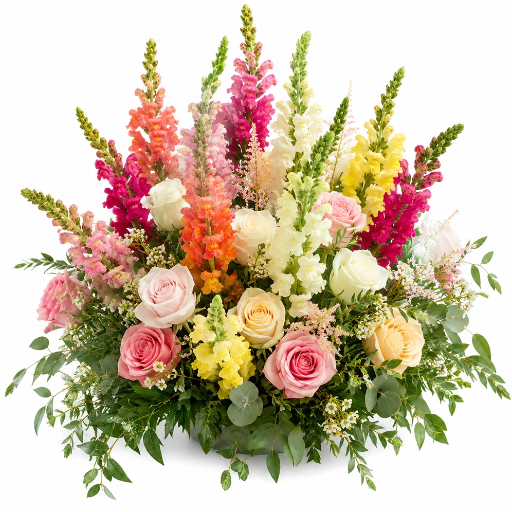 Elegant wedding centerpiece featuring assorted Snapdragon flowers with roses and greenery for romantic wedding receptions.