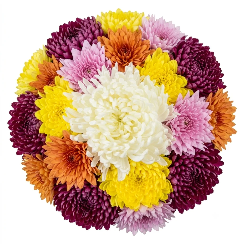 Top-view arrangement of fresh wholesale cremon mums in white, yellow, purple, pink, and orange for bulk floral design.