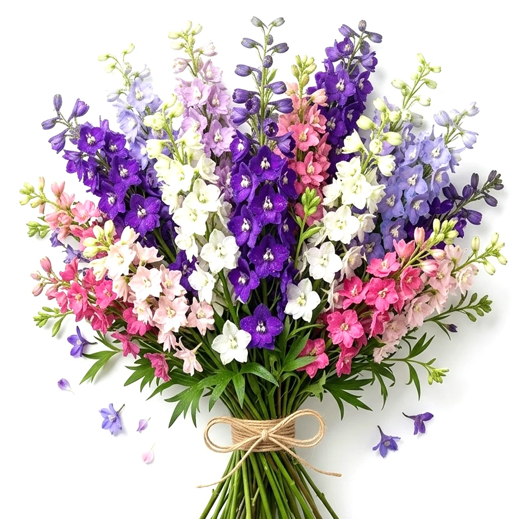 Top-view bouquet of fresh-cut larkspur flowers in purple, lavender, pink, and white tied with twine.