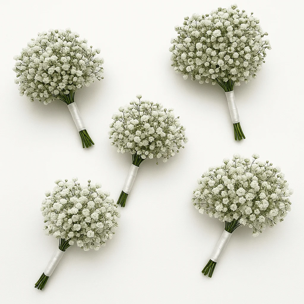 Five round bouquets of white baby’s breath flowers, wrapped in white ribbon and arranged on a clean white background, ideal for wedding décor.