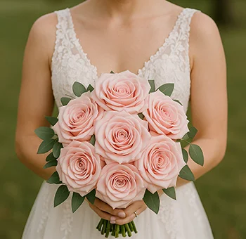 Bride holding a romantic bouquet of Be Sweet blush pink roses, perfect for elegant weddings and bridal arrangements.