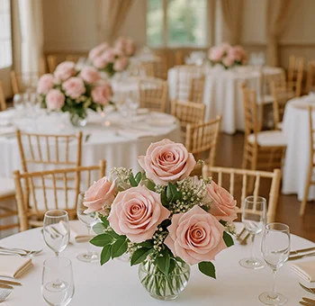 Elegant wedding centerpieces with Be Sweet blush pink roses in glass vases, arranged on round tables at a reception venue.