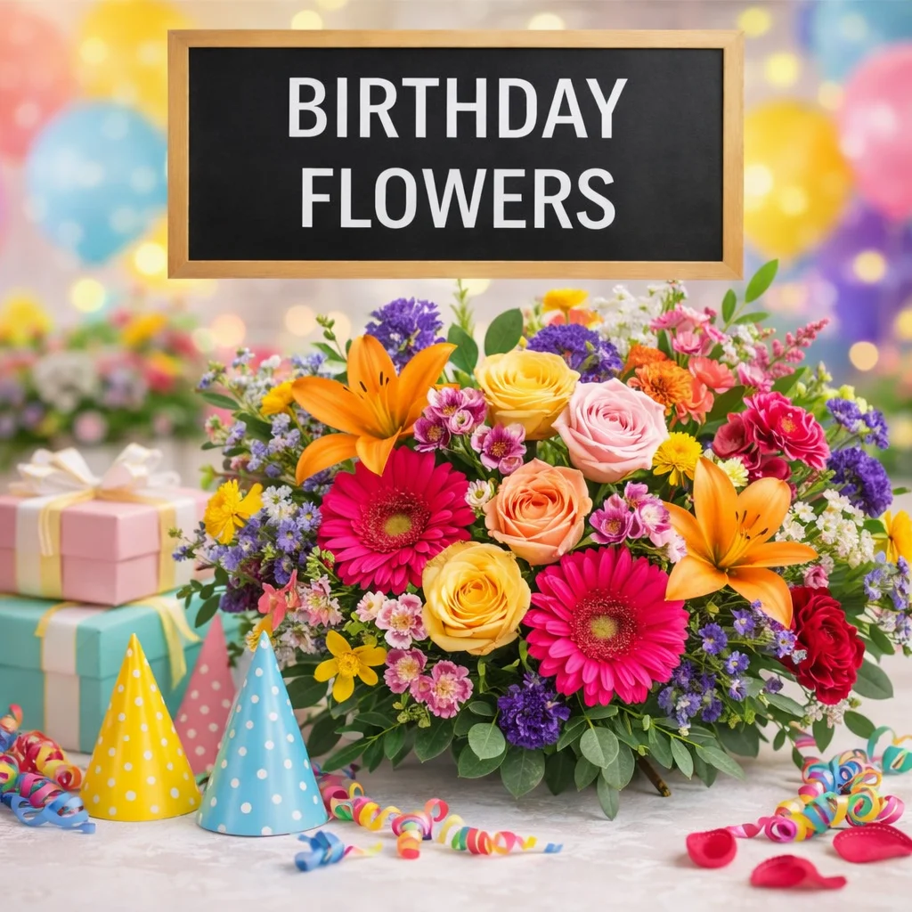 Birthday flower arrangement with colorful blooms, party décor, and festive gift styling for joyful celebrations and special occasions.