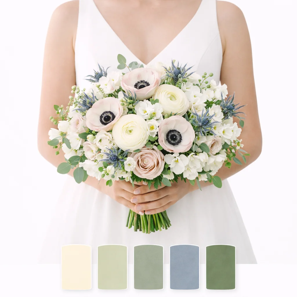 Blossom Harmony: Ranunculus, Anemones, Eryngium, Sweet Pea, Campanula Blossom Harmony: Ranunculus, Anemones, Eryngium, Sweet Pea, Campanula