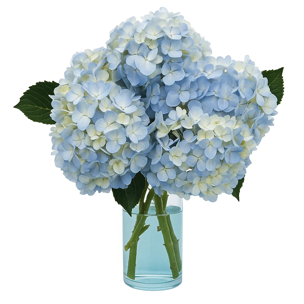 Elegant bouquet of blue hydrangeas in a clear glass vase with green stems and dark leaves, isolated on a white background for a crisp floral presentation.