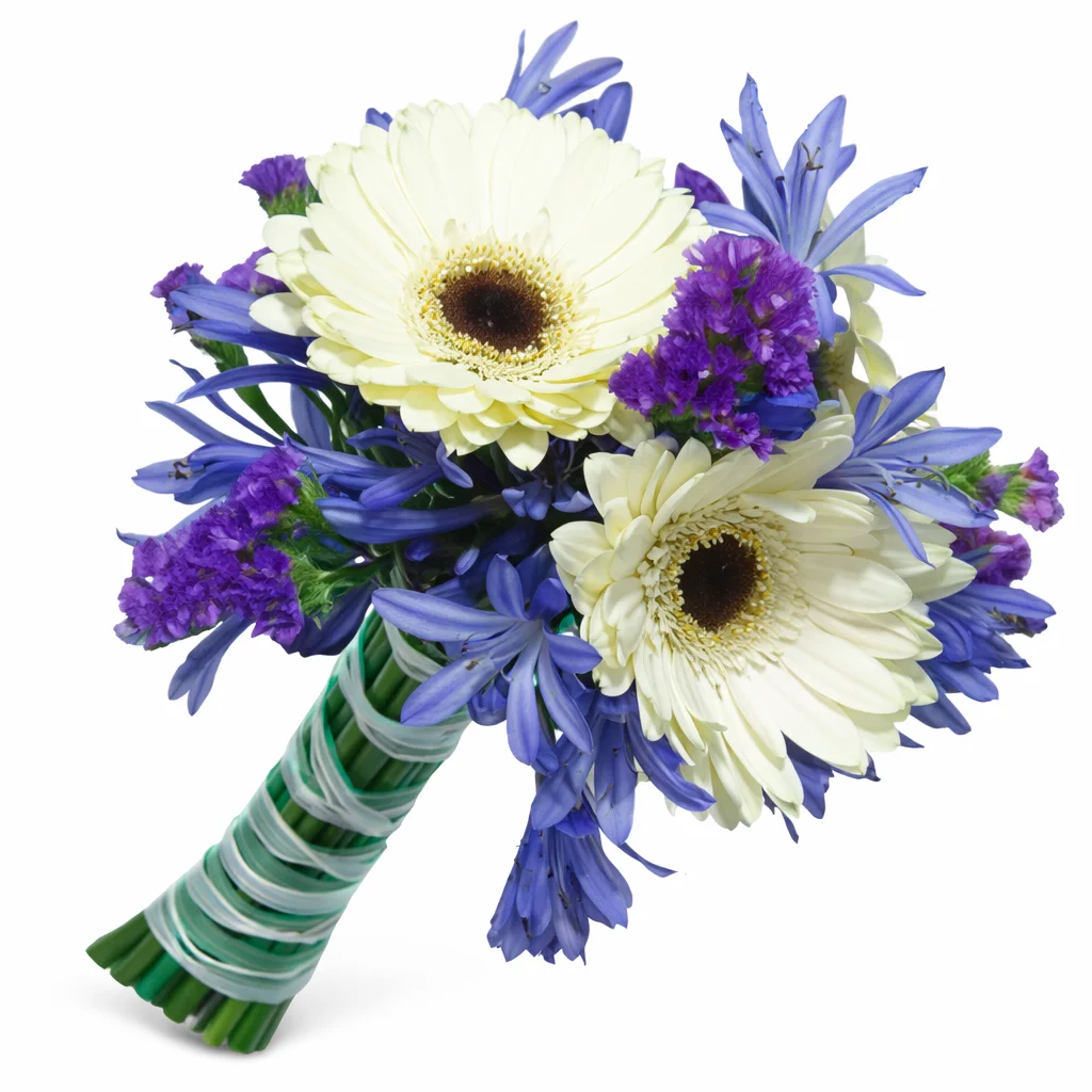 Blue and white gerbera bridal bouquet, fresh wholesale wedding flowers for vibrant bouquets and event arrangements.